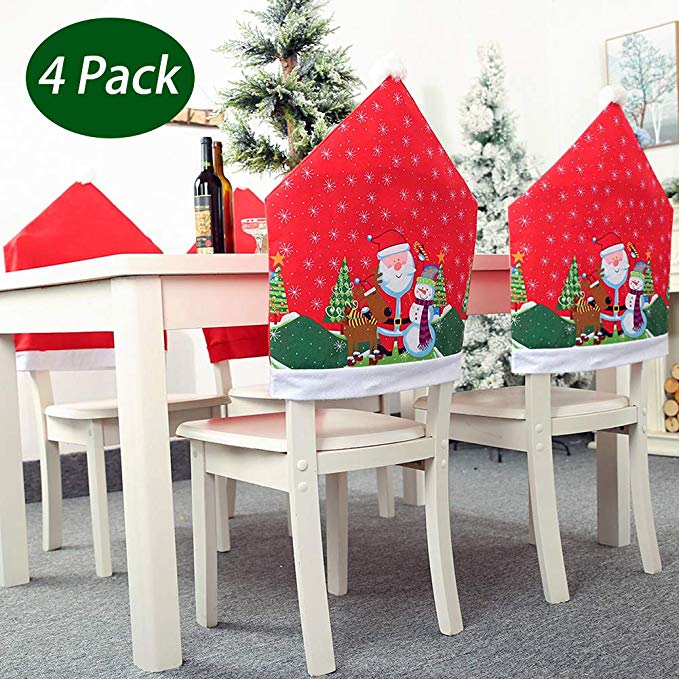 Funkprofi Santa Snowman Elk Christmas Hat Chair Covers Christmas Decor Dinner Chair Xmas Cap Sets (4pcs)