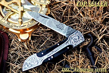 DKC Knives (16 5/18) SALE DKC-37-BH VICTORIAN Damascus Folding Pocket Knife Buffalo Horn 7.75" Long, 4.5" Folded 3" Blade 4.8oz Hand Made Incredible Look and Feel