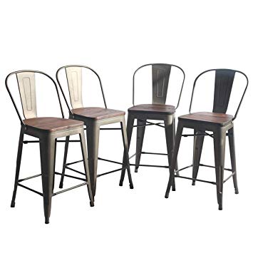 YongQiang Metal Barstools Set of 4 Indoor Outdoor 24 inch Bar Stools High Back Dining Chair Counter Height Stool Cafe Side Chairs with Wooden Seat Rusty