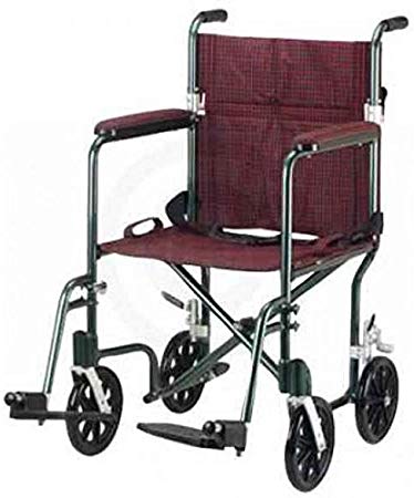 FW19BG - Drive Medical Flyweight Lightweight Folding Transport Wheelchair, 19, Green Frame, Burgundy Upholstery