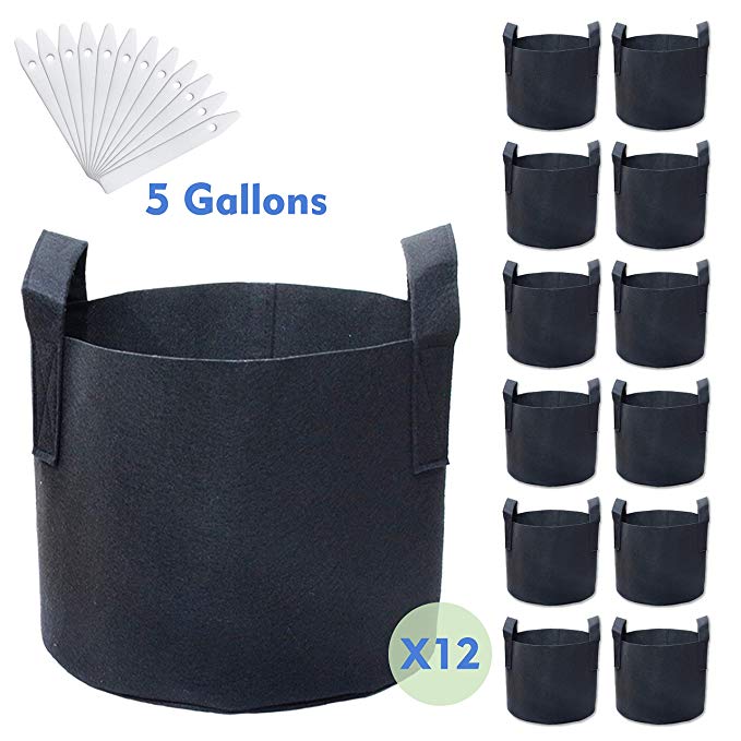 PHYEX 12-Pack 5 Gallon Nonwoven Grow Bags, Aeration Fabric Pots with Durable Handles, Come with 12 Pcs Plant Labels