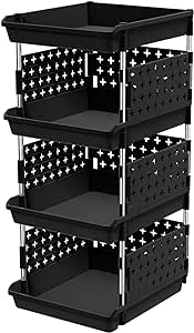 Lifewit Stackable Storage Baskets, 4 Tier Plastic Storage Trolley Unit Rack Shelf for Wardrobe, Kitchen, Cupboard Storage Organiser, Black, 35 x 30 x 72 cm