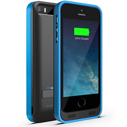 iPhone 5S Battery Case, iPhone 5 Battery Case - Maxboost Atomic S Portable Charger for iPhone 5/5S [MFI Certified] External Protective 2400mAh Battery Charging Juice Power Bank [Matte Black/Blue]