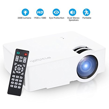 E08 Mini Multimedia 2500 Lumens Projector, Full HD Home Video LED Projector Support 1080P input 800*480 Resolution for PC Video Game, Home Entertainment,Xbox HDMI/TF Card Slot/USB/VGA (White)