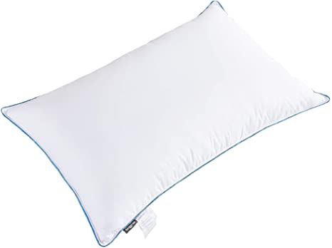 KASENTEX Hypoallergenic Goose Down and Feather Pillow, Double Stitched Cotton and Microfiber - Luxury Comfort, Plush Medium Soft - Three Layer Bed Pillow - Blue Silky Piping, White, Standard Size