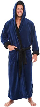 Alexander Del Rossa Men's Warm Fleece Robe with Hood, Big and Tall Contrast Bathrobe