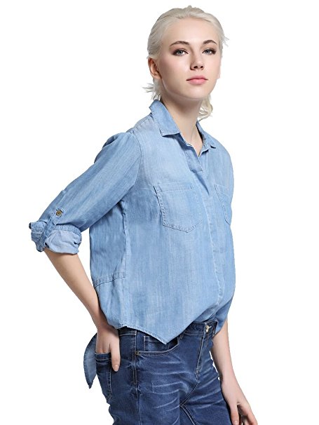 Lark Women's Moisture-Wicking Tencel Shirt Split Tail Hem Denim Blouse Shirts with Rolled Up Sleeve