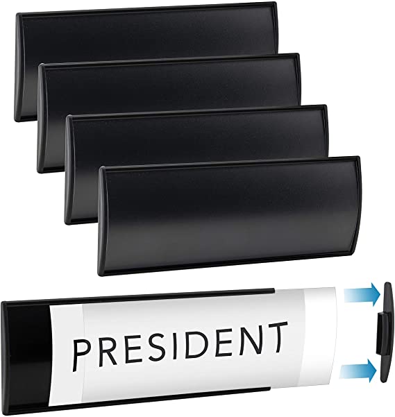 Set of 6 –Sturdy & Elegant Black Aluminum Wall Mount Name Plate Holder, Office Business Door Curved Sign Holder with Adhesive Tape, 8” X 3” - Plastic Film Included, Paper Inserts NOT Included
