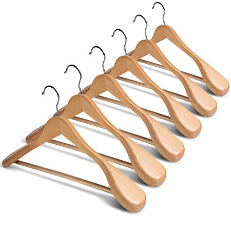 ZOBER Extra Wide Shoulder Wooden Hangers - Set of 6 - Heavy Duty Coat Hanger Suit, Jacket, Non Slip Bar Pants, Anti-Rust 360 Degree Swivel Hook, Extra Smooth Wood (Natural Wood)