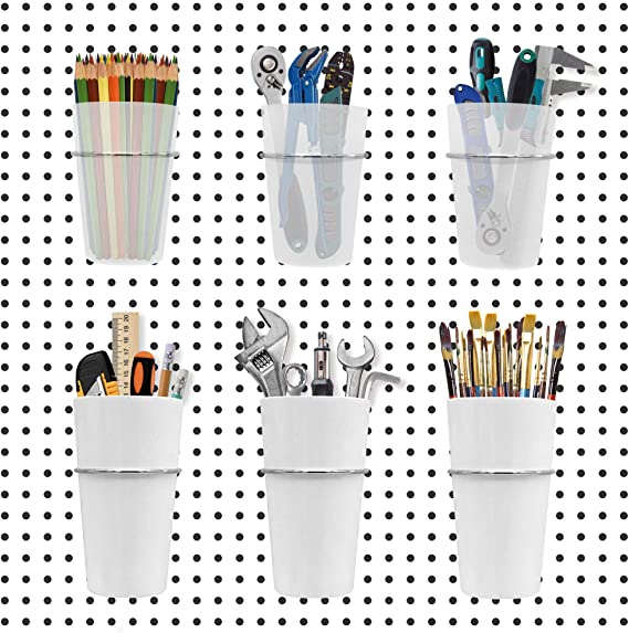 Pegboard Bins Baskets [6 Cups] Pegboard Accessories [2 Sizes] Peg board Hooks Accessories [Ring Style] Pegboard Tool Organizer for Storage, garage, Workbench, Craft, Office [White and Clear]