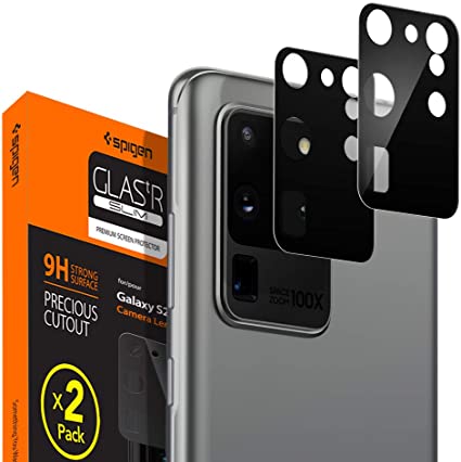 Spigen, 2Pack, Samsung Galaxy S20 Ultra Camera Lens Protector, 9H Hardness, Case Friendly, Crystal Clear, Anti-Scratch, Black Tempered Glass Samsung S20 Ultra Lens Protector