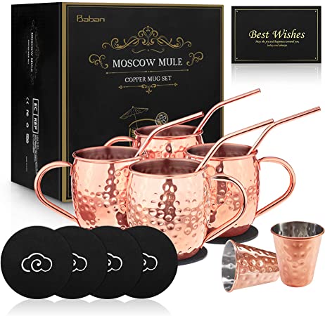 Baban Moscow Mule Copper Mugs Set of 4, Handcrafted Food Safe Copper Cups for Moscow Mule, 500 ML Gift Set Includes 2 Measuring Cups, 4 Curved Straws & 4 Coasters(9mm)
