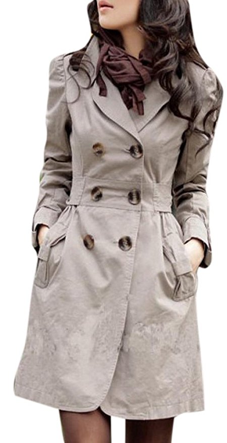 Lingswallow Women Elegant Double Breasted Belted Long Jacket Trenchcoat