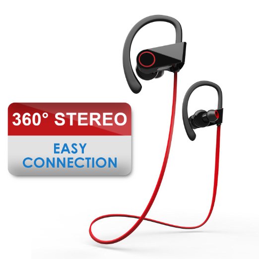 StarryBay U8 Wireless Sport Bluetooth Headset - Hd Stereo Beats Sound Quality - Sweat Proof Stable in Ear Headsets - Ergonomic Earphones - Workout Earbuds - Smartphones and Tablets - Black Red line
