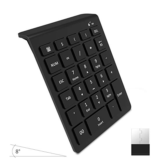 Wireless Number Pad, Vive Comb 28-Key External Numeric Keypad Slim Numpad Full Size with Shortcuts for Laptop, Desktop, PC, Notebook-Black