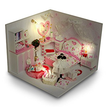 Pink Miniature DIY Wooden Dollhouse Mini Creative Room With Furniture, Accessories & Kits | Cute Elegant Dollhouse With Lights & Easy Assembly | Great Gift Idea for Birthdays,Collectors, Crafts & More