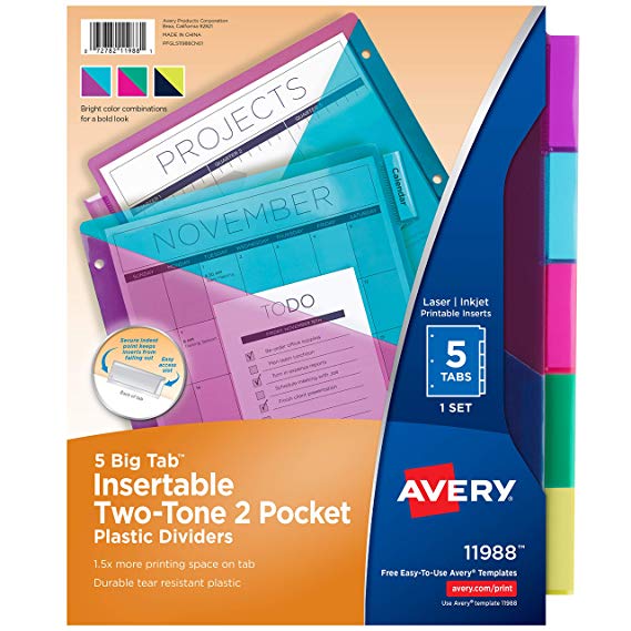 Avery 5 Tab Plastic Binder Dividers with Pockets, Two Tone, 1 Set (11988)