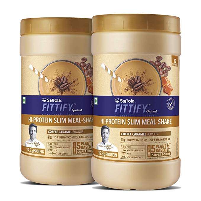 Saffola FITTIFY Hi Protein Slim Meal-Shake, Meal Replacement with 5 superfoods, Coffee Caramel, 420 gm (12 servings)-Buy One Get One Free