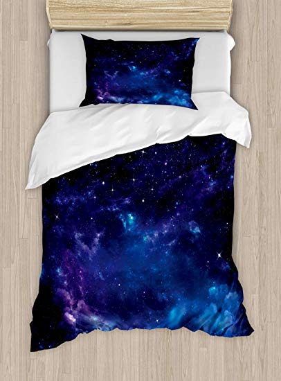 Ambesonne Sky Duvet Cover Set Twin Size, Space Night Time Universe Stars and Nebulas Distant Parts of Galaxy, Decorative 2 Piece Bedding Set with 1 Pillow Sham, Purple Charcoal Grey and Blue