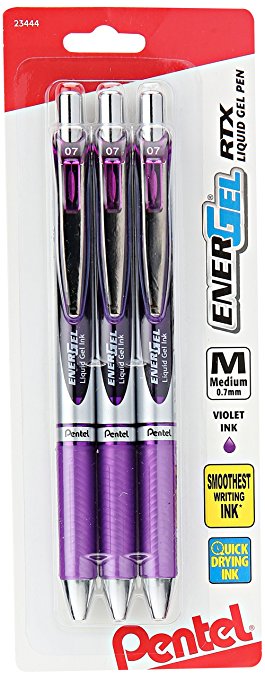 Pentel EnerGel Deluxe RTX Gel Ink Pens, 0.7 Millimeter Metal Tip, Violet Ink, 3-Pack (BL77BP3V)