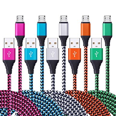 Android Charger Cable, Fivebox 5 Pack 10FT Extra Long Nylon Braided High Speed Micro USB Charging Cord for Samsung S7 S6 Edge, Note 5 4, LG G4 G3, HTC, Blackberry, Moto, Nokia, Tablet and More