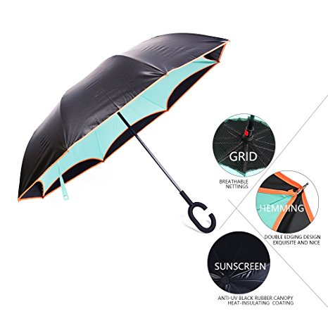 Vejaoo Windproof Reverse Folding Double Layer Inverted Umbrella and Self Standing Inside Out Rain Protection Umbrella with C-shaped Hands Free Handle, Travel Umbrella