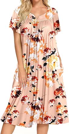 Bloggerlove House Dresses for Women with Pockets Mumu Duster Housecoat Short Sleeve Patio Dress S-XXL