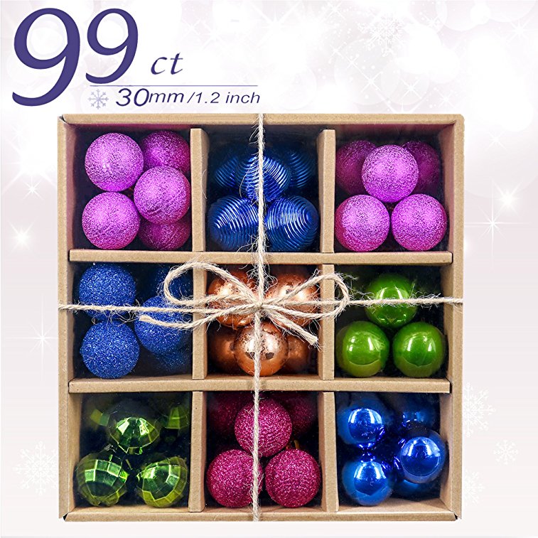 Valery Madelyn 99ct Mini Regal Peacock Shatterproof Christmas Ball Ornaments Decoration, Table Centerpiece 30mm/1.18inch ,24 Pcs Metal Hooks Included