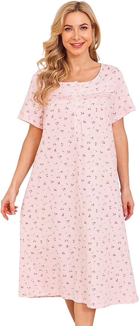 Bloggerlove Nightgowns for Women Soft Cotton Sleepwear Floral House Dress Short/Long Sleeve Comfy Night Dress for Ladies