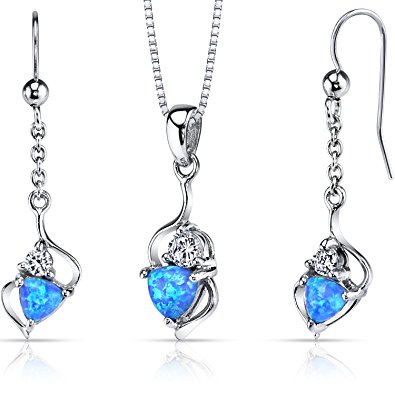 Created Blue Opal Trillion Pendant Earrings Necklace Sterling Silver 2.00 Carats