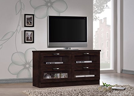 Wholesale Interiors Baxton Studio Adelino Dark Brown Wood TV Cabinet with 4 Glass Doors, 47.25"