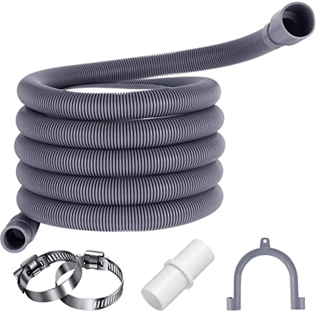 6 Feet Universal Washing Machine Drain Hose Flexible Dishwasher Drain Hose Extension Kits Corrugated Washer Discharge Hose with 1 Extension Adapter and 2 Hose Clamps, U-Bend Hose Holder