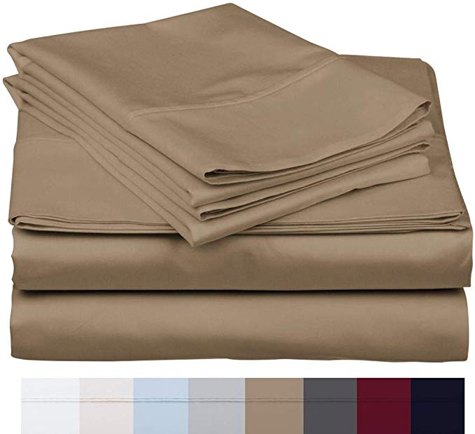 The Bishop Cotton 100% Egyptian Cotton 800 Thread Count 4 PC Solid Pattern Bed Sheet Set Italian Finish True Luxury Hotel Collection Fits Up to 16 Inches Deep Pocket (Queen, Taupe).