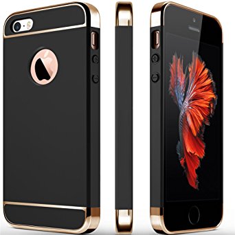 iPhone 5S Case, iPhone 5 Case, iPhone SE Case, COOLQO 3in1 Ultra-thin Hard Matte Finish Plastic [Tempered Glass Screen Protector] Shockproof Electroplate Cover Skin for Apple iPhone 5SE (Black)