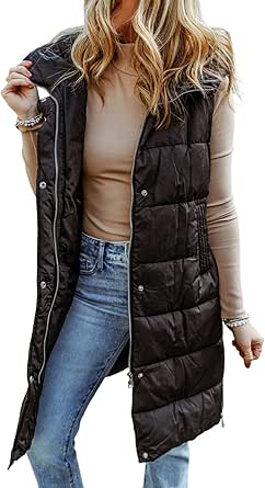 EVALESS Womens Long Puffer Vest Quilted Hooded Sleeveless Zip Up Down Jacket Winter Warm Lightweight Gilet Coat Outerwear