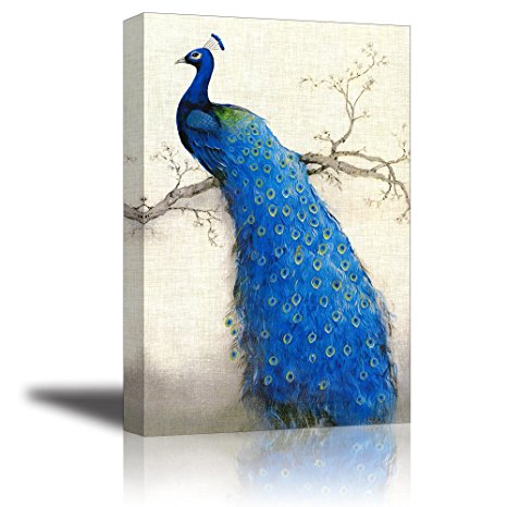 Peacock Wall Art Decor for Bedroom, PIY HD Beautiful Oil Painting Canvas Prints of Elegant Proud Peacock on Beige Pictures (1" Thick Frame, Waterproof Artwork, Bracket Mounted Ready to Hang)