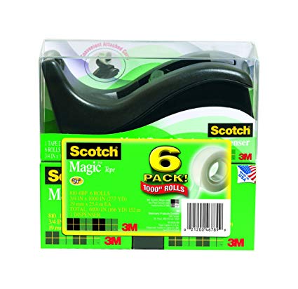 Scotch C60 Desk Tape Dispenser - Black - with 6 Rolls of Magic Tape - 19 mm x 25.4m