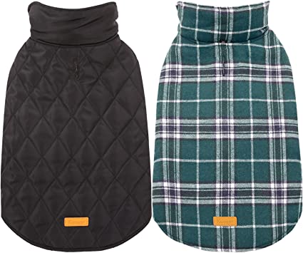(M(Back: 36cm Neck :36cm Chest :48cm - 50cm ), Green) - Kuoser Cosy Waterproof Windproof Reversible British style Plaid Dog Vest Winter Coat Warm Dog Apparel for Cold Weather Dog Jacket for Small Medium Large dogs with Furry Collar (XS - 3XL )