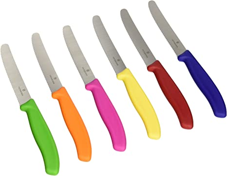 Victorinox Swiss Stainless Steel 6 Piece Round 4.5 Inch Serrated Steak Knife Set, 4.72 x 4.72 x 4.72 inches, Green, Orange, Pink, Yellow, Red, and Blue