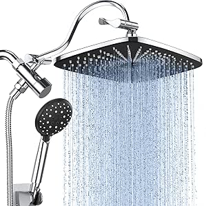 Veken 12 Inch High Pressure Rain Shower Head Combo with Adjustable Extension Arm- Wide Rainfall Showerhead with 6 Handheld Water Spray Dual Showerhead with Anti-Clog Nozzles - Silver Chrome