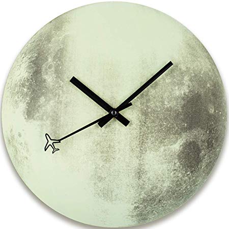 BEW Luminous Wall Clock, Glow-in-Dark Moon Clock, No Numerals Silent Non-Ticking Battery Operated, Retro Decorative Clock for Living/Dining/Kids Bedroom/Kitchen (12 Inch)