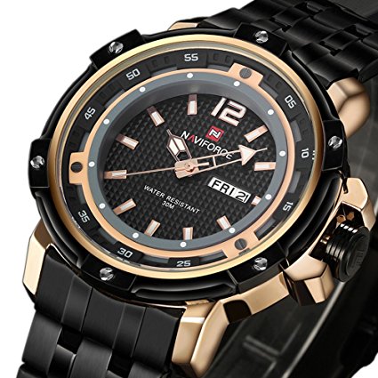 Tonnier Military Sports Man Watches Date&Week Stainless Steel Mens Watches,Rose Gold