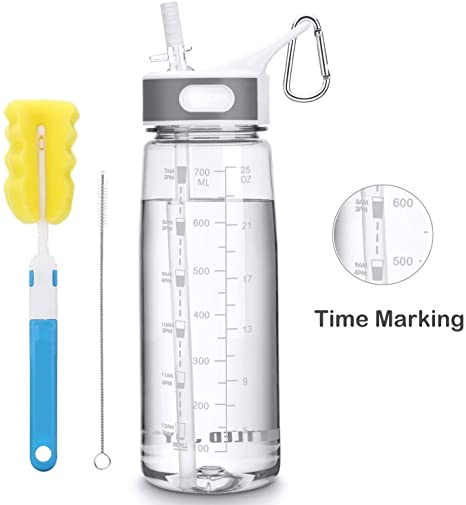 Sports Water Bottle with Time Markings Straw, 700ml Motivational Drinking Bottle BPA Free 100% Leak Proof Dishwasher Safe Reusable with Flip Nozzle Portable for Gym School Fitness Camping Cycling Outdoor