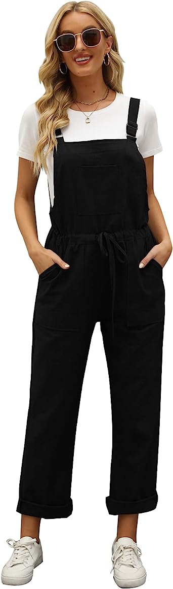 COZYPOIN Womens Casual Overalls Adjustable Strap Drawstring Loose Fit Cotton Linen Jumpsuits Bib Rompers