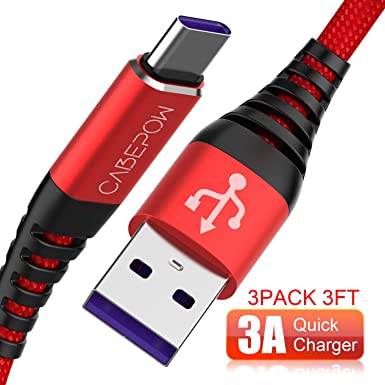 Cabepow 3Pack 3Ft USB Type C Cable, 3A Fast Charge Cord Compatible with Samsung Galaxy S10 / S9 / S8 / Note 8,LG V20 / V30 / V40, Premium Nylon Braided USB-C to USB-A Fast Charging C Cables (Red)
