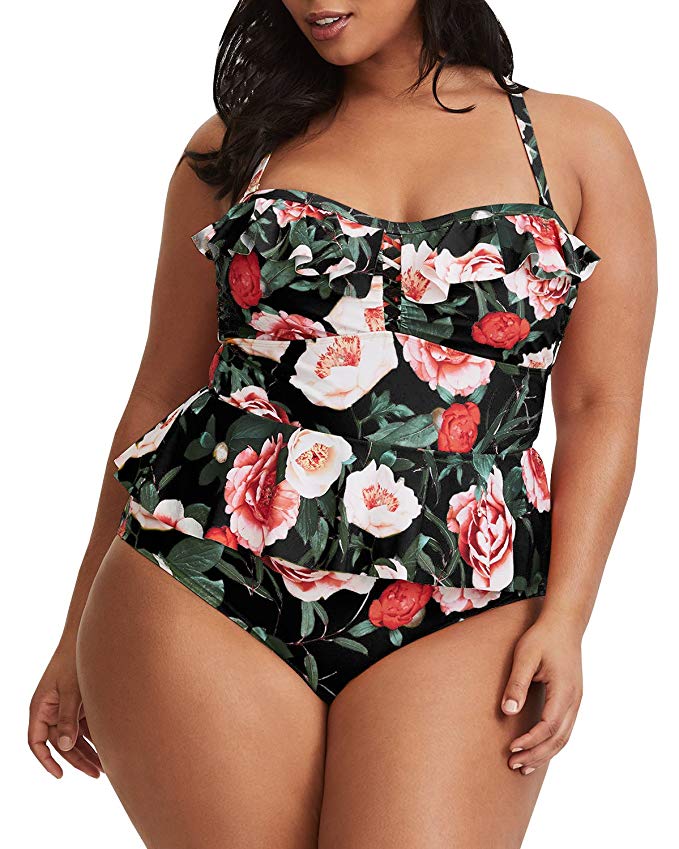 Womens Plus Size Swimwear Peplum Tankini Tops Tummy Control Floral Retro Swimsuits