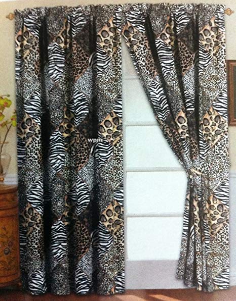 4 Piece Curtain Set: 2 Jungle Safari Black White Giraffe Zebra Panels & 2 Tie Backs