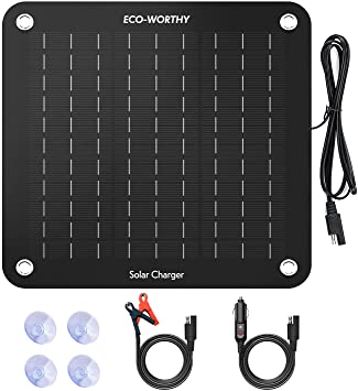 ECO-WORTHY 10W 12V Portable Solar Panel Battery maintainer & Trickle Charger with Alligator Clips & Cigarette Lighter Adaptor Easy Connection for Car/Boat/Motor/Lawn Mower/RV/Marine