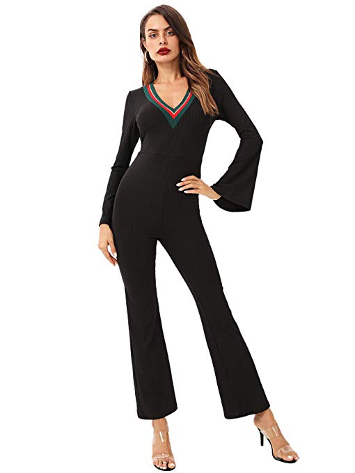 DIDK Women's V Neck Trumpet Sleeve Wide Leg Jumpsuit