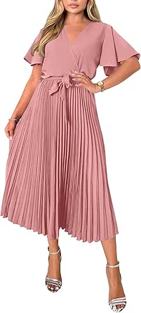 BTFBM Women Wrap V Neck Casual Summer Dresses 2023 Short Sleeve Satin Tie Waist Pleated Flowy Wedding Guest Midi Dress